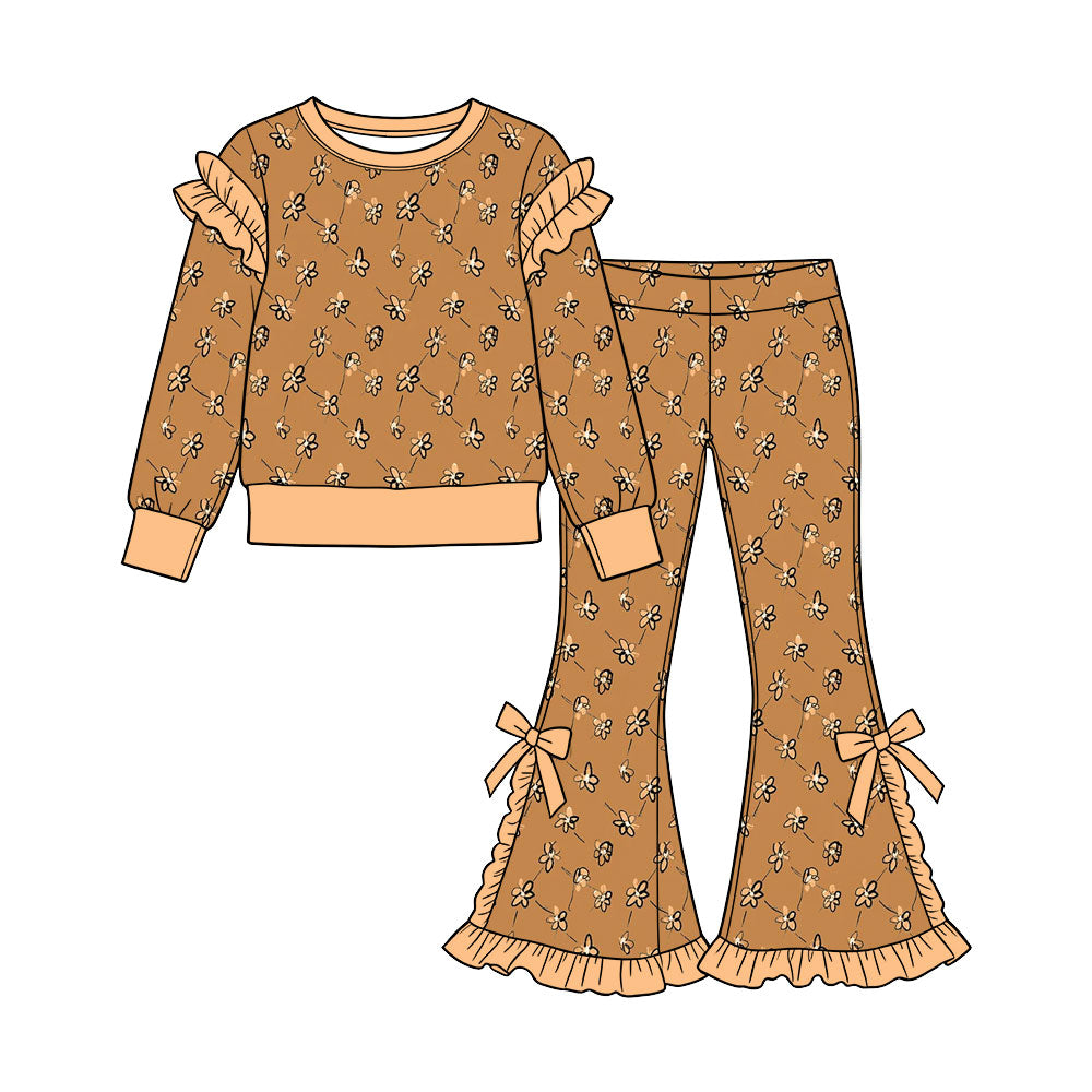 Preorder (moq 5) Baby Girl Clothes Brown Tiny Floral Print Long Sleeve Ruffle Top Bow Flare Pant Set