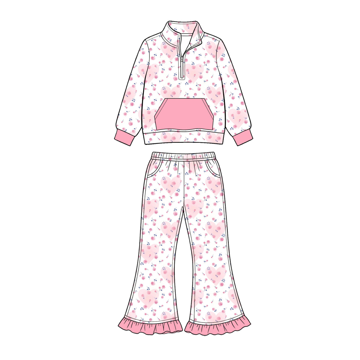 Preorder (moq 5) Baby Girl Clothes Floral Heart Allover Print Long Sleeve Half Zip Flare Pant Set