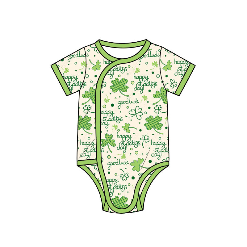 Preorder (moq 5) Baby Girl Clothes St Patricks Clover Letter Mixed Print Short Sleeve Side Snap Bodysuit