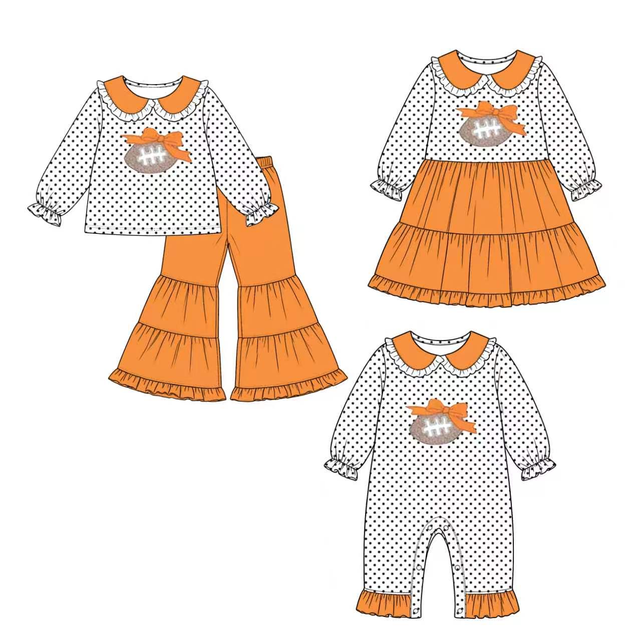 LR3298 football bow orange winter girl romper 202608 preorder