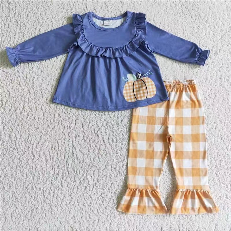 Promotion RTS GLP0253 long sleeve halloween pumpkin plaid girl outfit 20230907