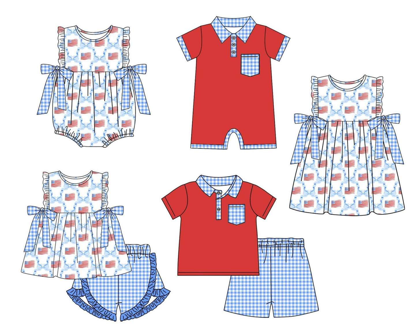 GSSO1684 USA Flag 4th July shorts blue plaid bow girl summer outfit 202503 RTS