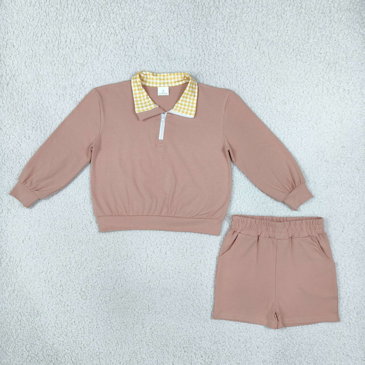 NO MOQ RTS GLS0227 Baby Girl Clothes Solid Blush Yellow Gingham Collar Print Long Sleeve Short Set 202610