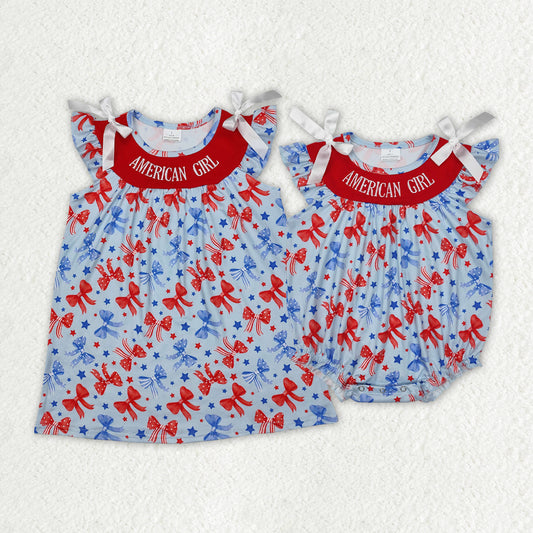GSD1827 Embroidery 4th July bow short sleeves girl dress 202502 RTS