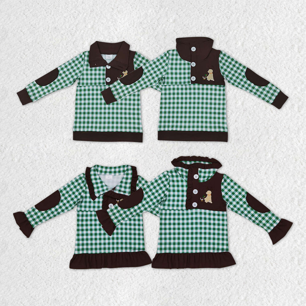 GT0284 RTS embroidery green plaid girl boy long sleeve coat pullover top 20231012