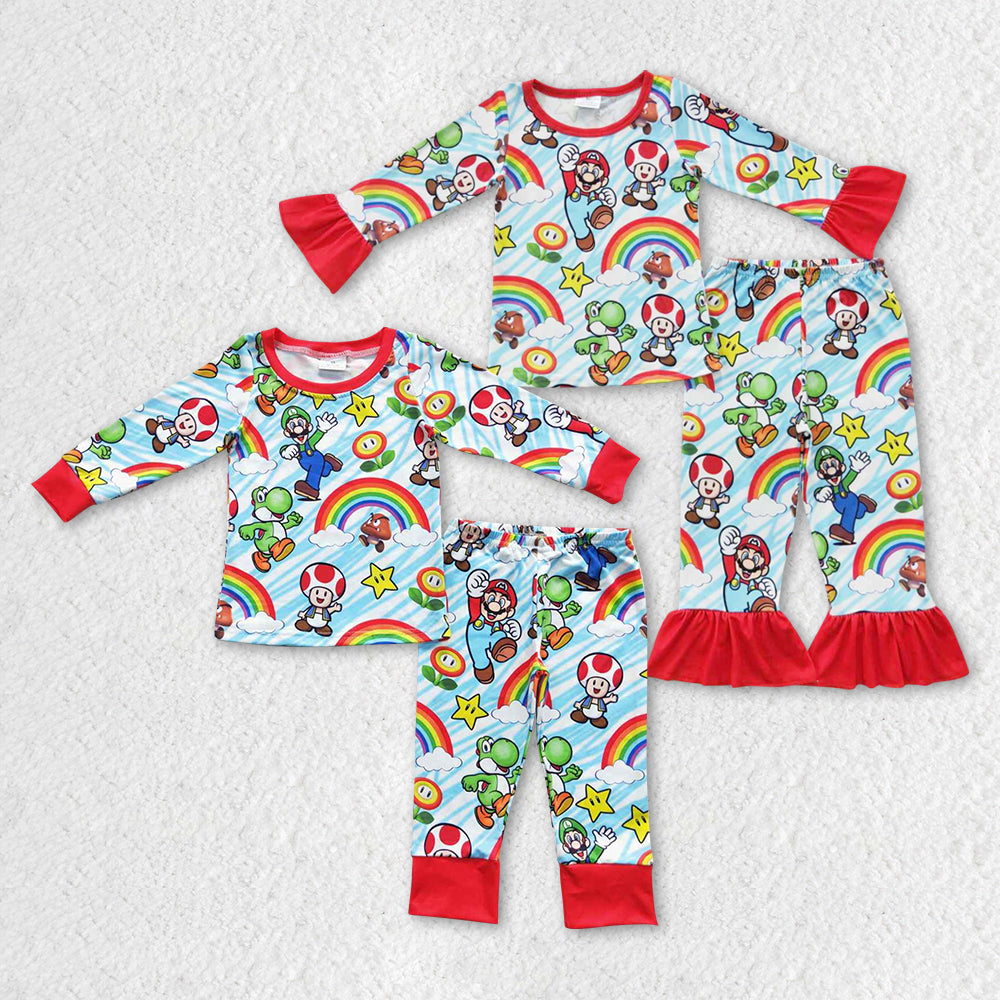 GLP0668 western cartoon mario rainbow long sleeve girl boy pajamas outfit RTS 20230810