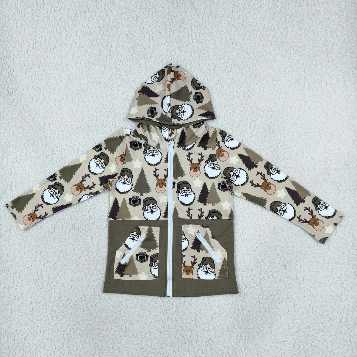 NO MOQ RTS BT1328 Boy Clothes Christmas Santa Reindeer Tree Camo Print Long Sleeve Zip Up Hooded Jacket 202610