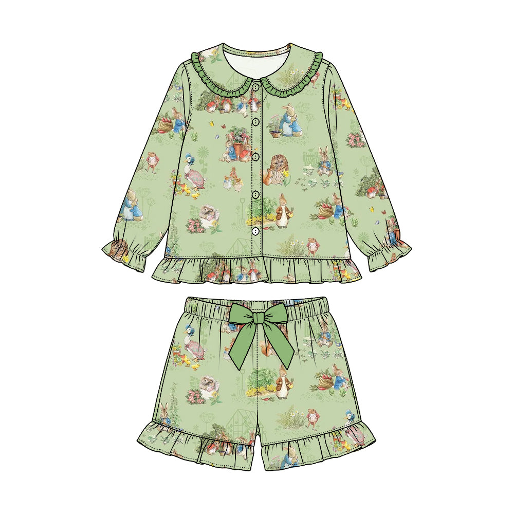 Preorder (moq 5) Baby Girl Clothes Green Farm Bunny Wildlife Vintage Print Long Sleeve Ruffle Collar Short Pajama Set