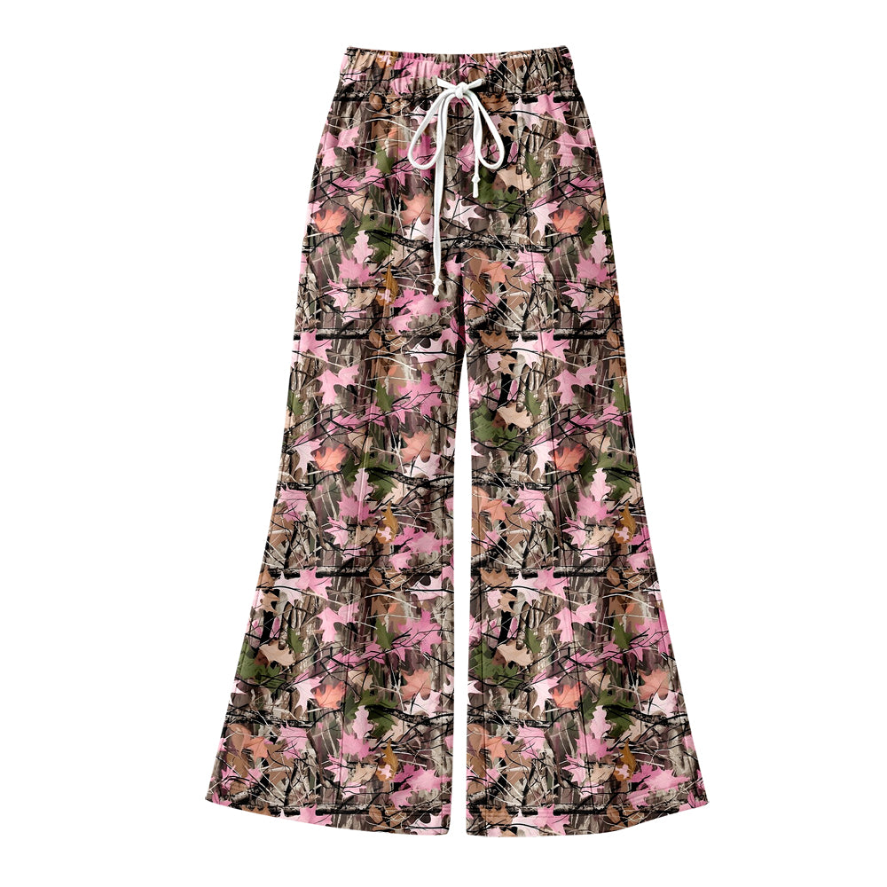 Preorder (moq 5) Baby Girl Clothes Pink Maple Leaf Forest Camo Allover Print Flare Wide Leg Pants