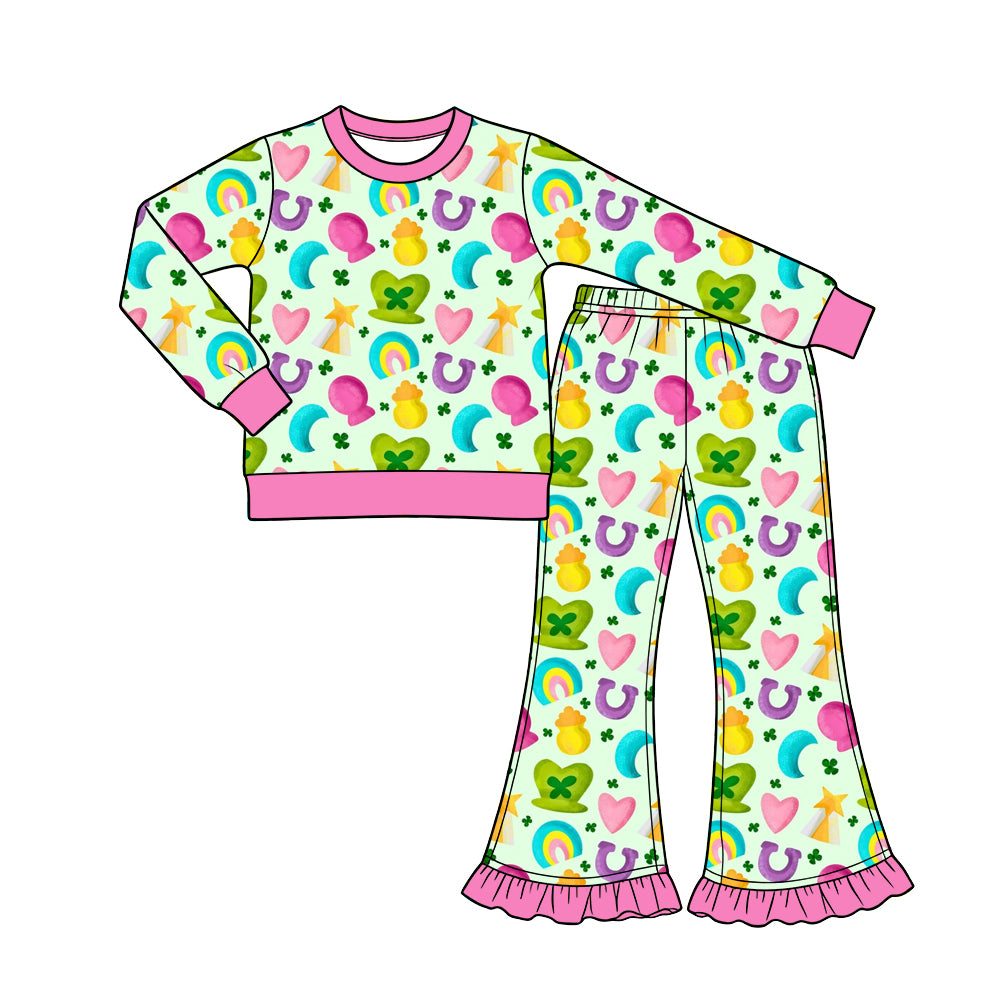 Preorder (moq 5) Baby Girl Clothes St Patricks Rainbow Horseshoe Heart Allover Print Long Sleeve Ruffle Flare Pant Set