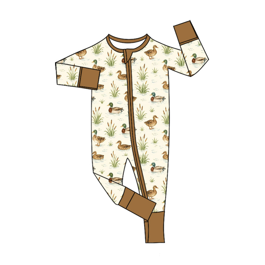 Preorder (moq 5) Baby Boy Clothes Water Mallard Duck Botanical Print Long Sleeve Zipper Romper Jumpsuit