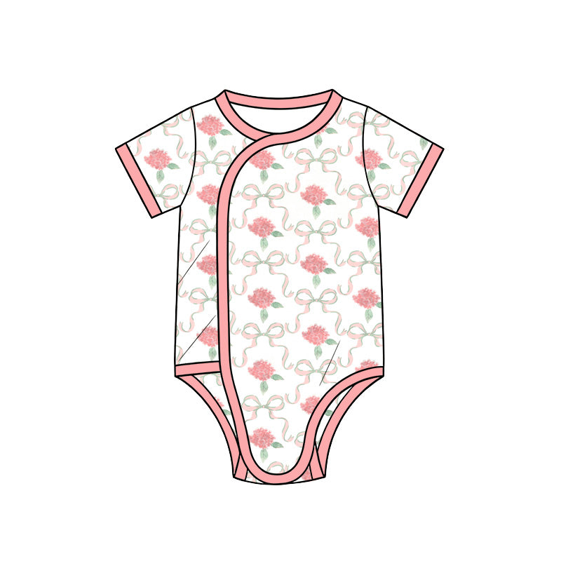 Preorder (moq 5) Baby Girl Clothes Pink Hydrangea Bow Mixed Print Short Sleeve Side Snap Bodysuit