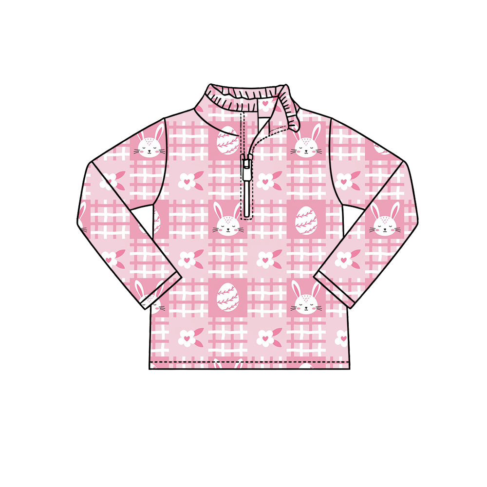 Preorder (moq 5) Baby Girl Clothes Pink Plaid Easter Bunny Egg Print Long Sleeve Half Zip Top