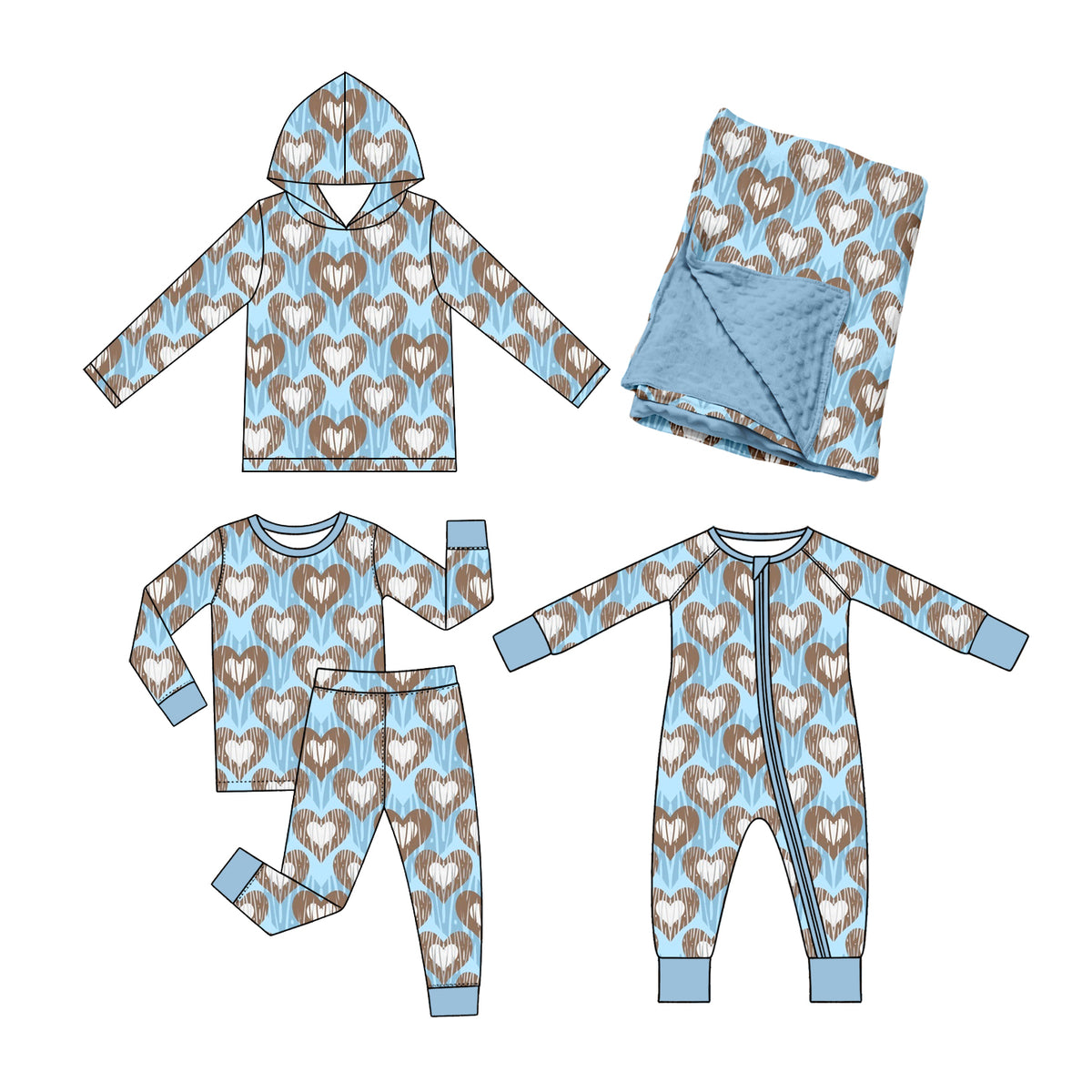 Preorder (moq 5) Baby Boy Clothes Blue Brown Heart Wood Grain Allover Print Long Sleeve Zipper Jumpsuit