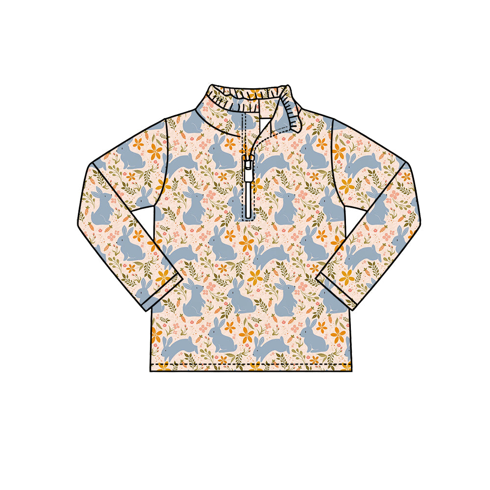 Preorder (moq 5) Baby Girl Clothes Blue Bunny Floral Print Long Sleeve Half Zip Top