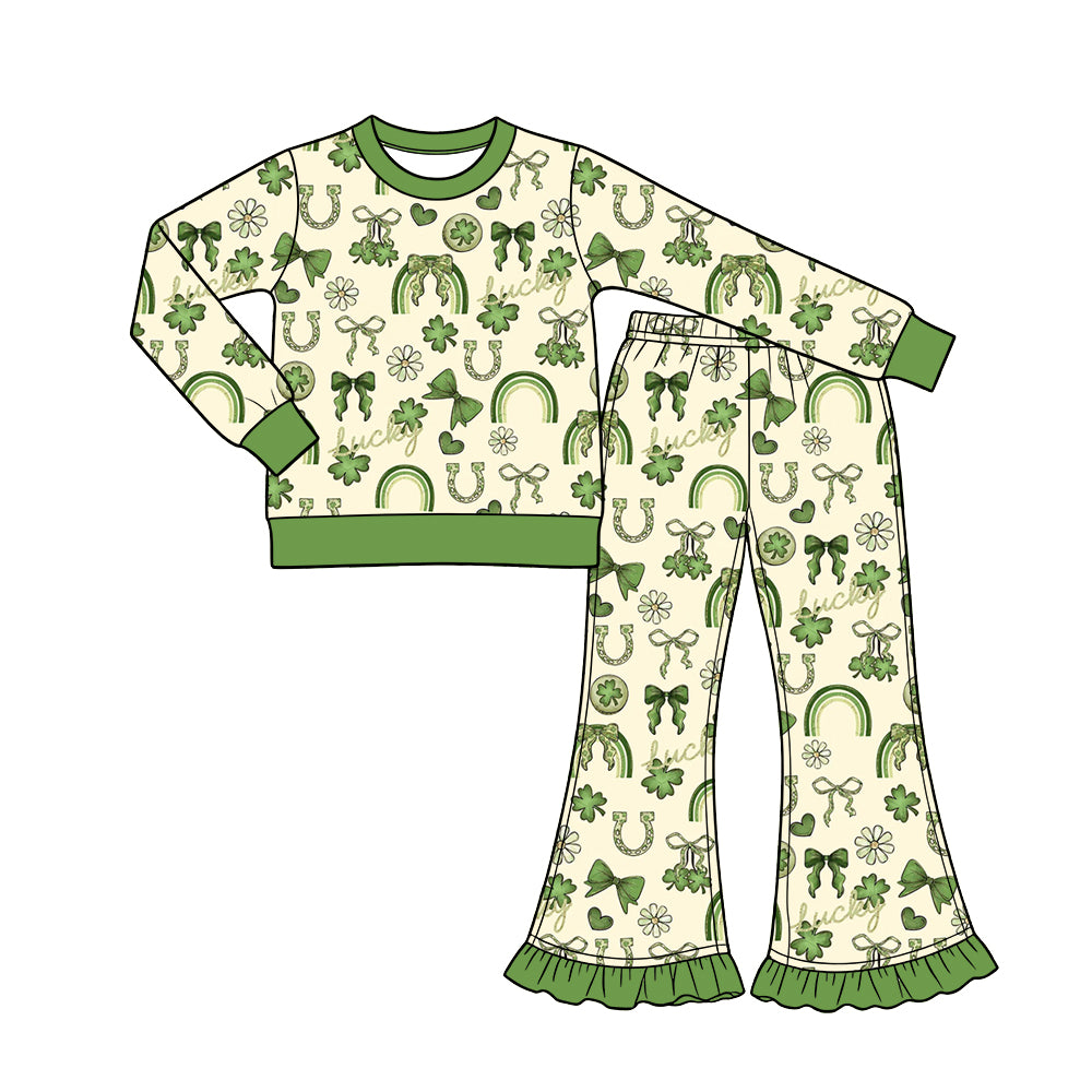 Preorder (moq 5) Baby Girl Clothes Lucky Clover Bow Rainbow Horseshoe Allover Print Long Sleeve Ruffle Flare Pant Set