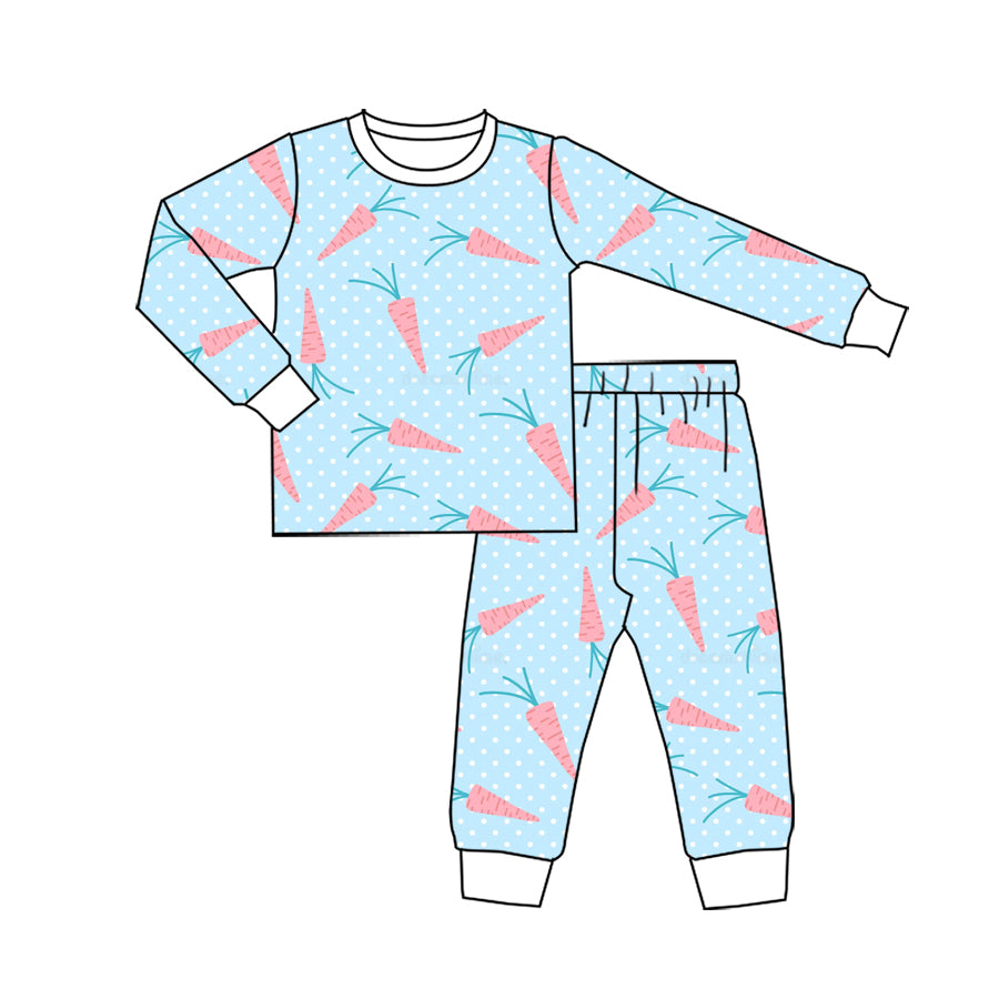Preorder (moq 5) Baby Girl Clothes Easter Carrot Polka Dot Print Long Sleeve Top Pant Pajama Set