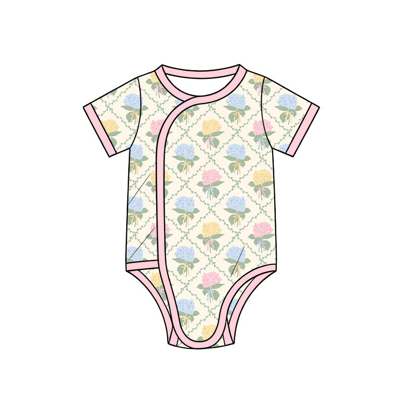 Preorder (moq 5) Baby Girl Clothes Multicolor Hydrangea Bow Lattice Mixed Print Short Sleeve Side Snap Bodysuit
