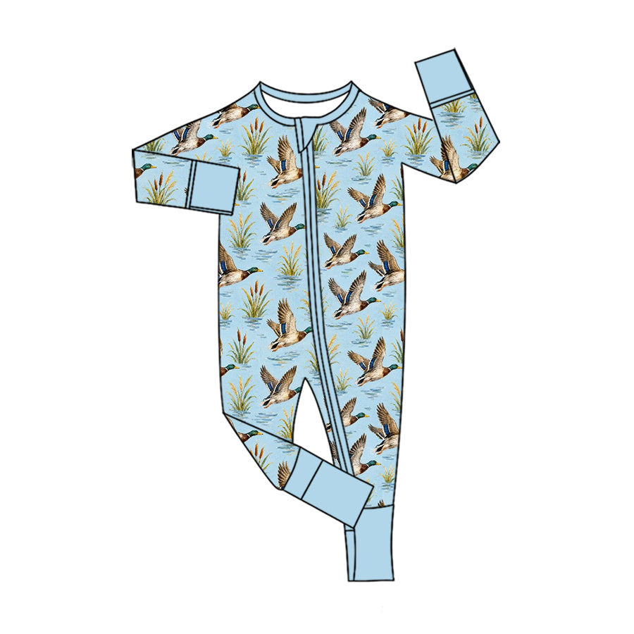 Preorder (moq 5) Baby Boy Clothes Sky Blue Mallard Duck Reeds Print Long Sleeve Zipper Romper Jumpsuit