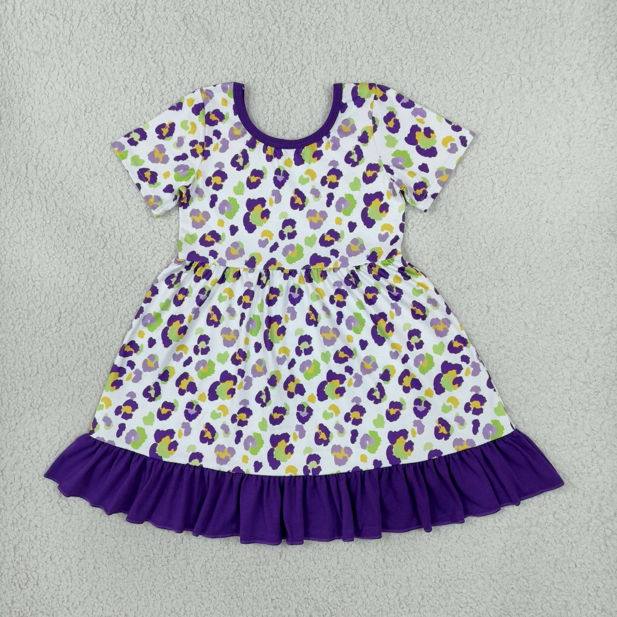 NO MOQ RTS GSD4321 Baby Girl Clothes Mardi Gras Colorful Leopard Print Short Sleeve Ruffle Dress 202610