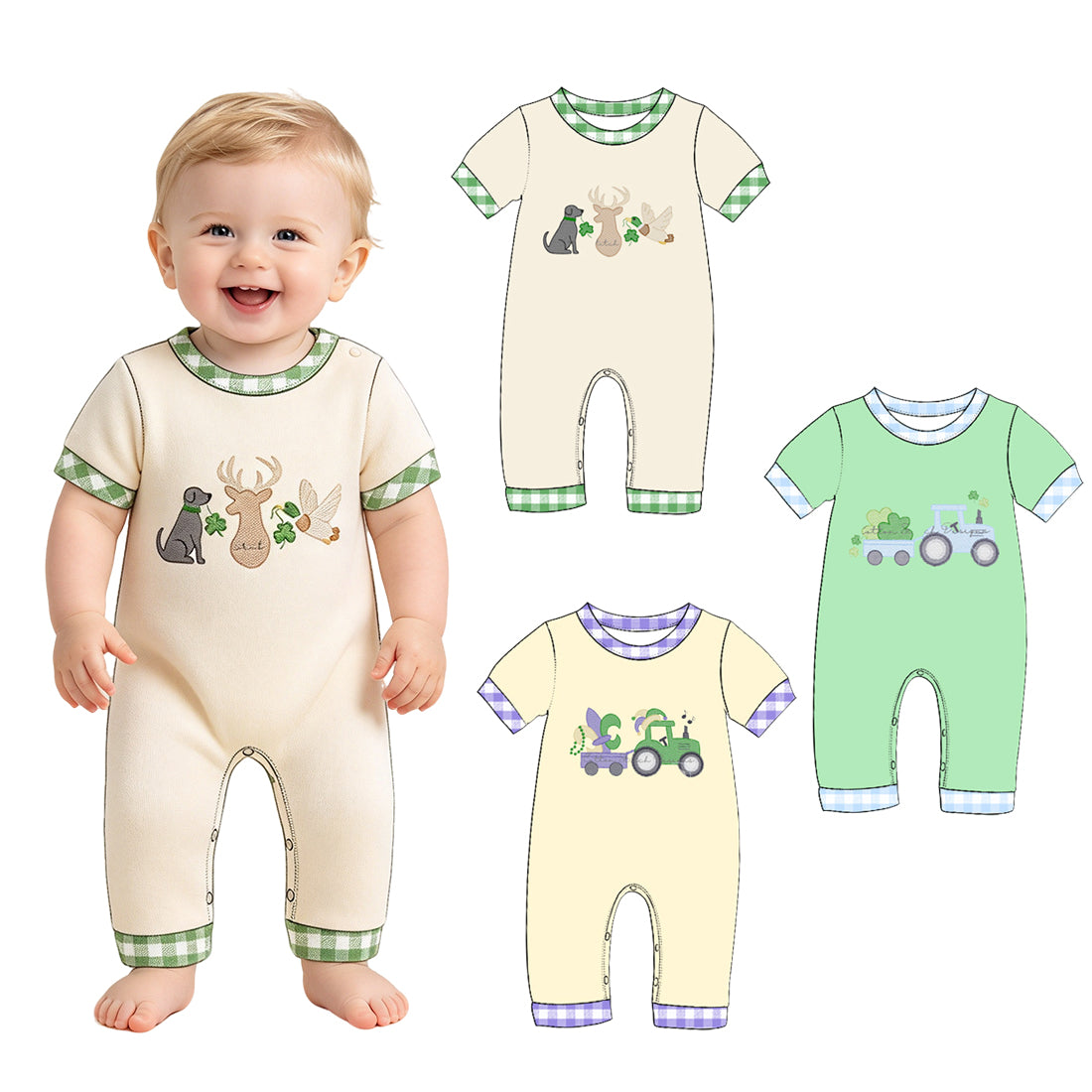 Preorder (moq 5) Baby Boy Clothes St Patrick Tractor Clover Embroidery Print Short Sleeve Gingham Trim Romper