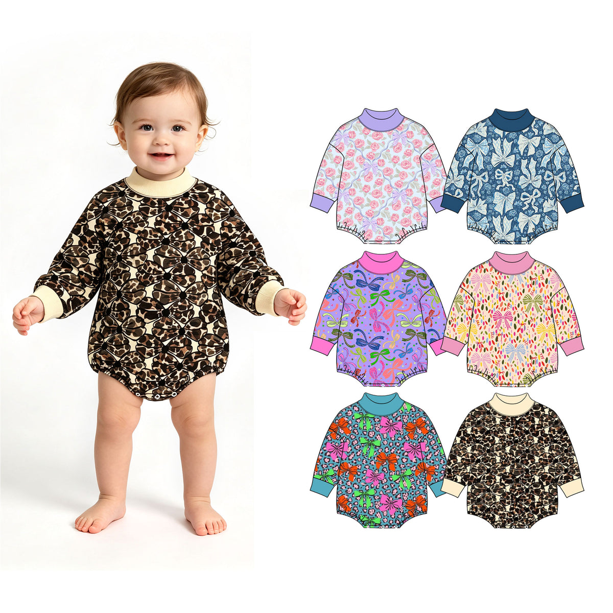 Preorder (moq 5) Baby Girl Clothes Leopard Bright Bow Allover Print Long Sleeve Mock Neck Bubble Romper