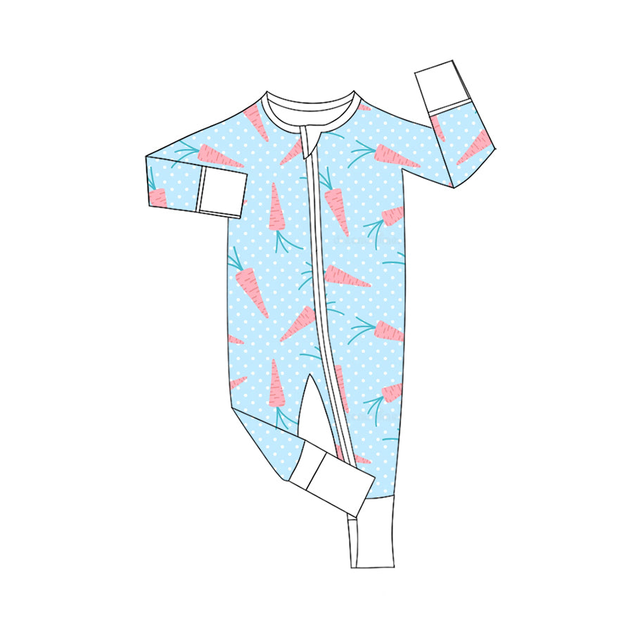 Preorder (moq 5) Baby Girl Clothes Easter Carrot Polka Dot Print Long Sleeve Zipper Romper Jumpsuit