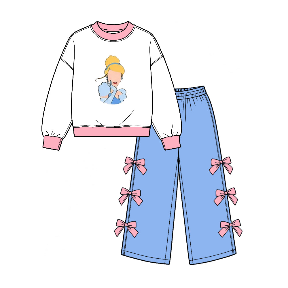 Preorder (moq 5) Baby Girl Clothes Cinderella Princess Print Solid Blue Pink Bow Decor Long Sleeve Wide Leg Pant Set