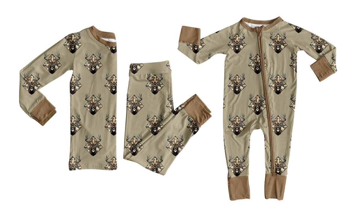 Preorder (moq 5) Baby Boy Clothes Camo Deer Head Diamond Mixed Print Long Sleeve Zipper Romper