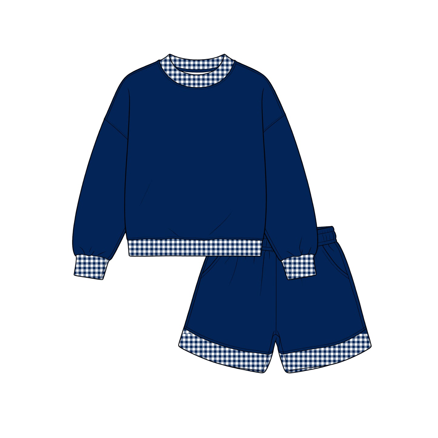 Custom MOQ5 Cotton Navy blue White plaid Girl shorts SET 202608