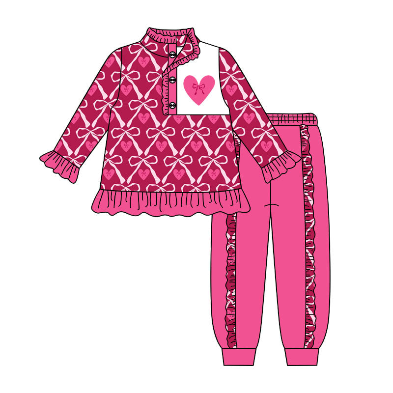 Preorder (moq 5) Baby Girl Clothes Valentine Bow Heart Print Long Sleeve Ruffle Top Solid Pant Set