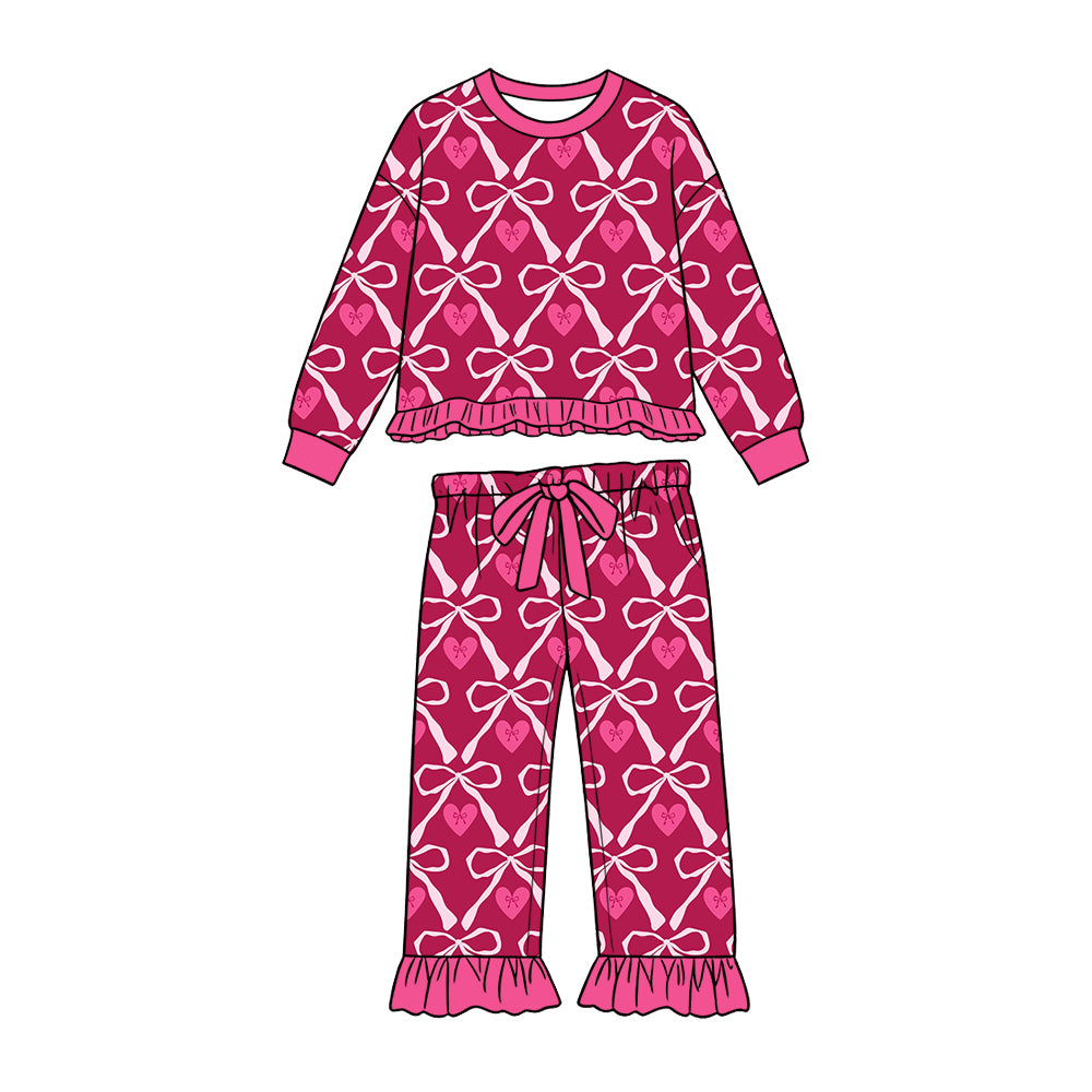 Preorder (moq 5) Baby Girl Clothes Valentine Bow Heart Print Long Sleeve Ruffle Top Pant Set