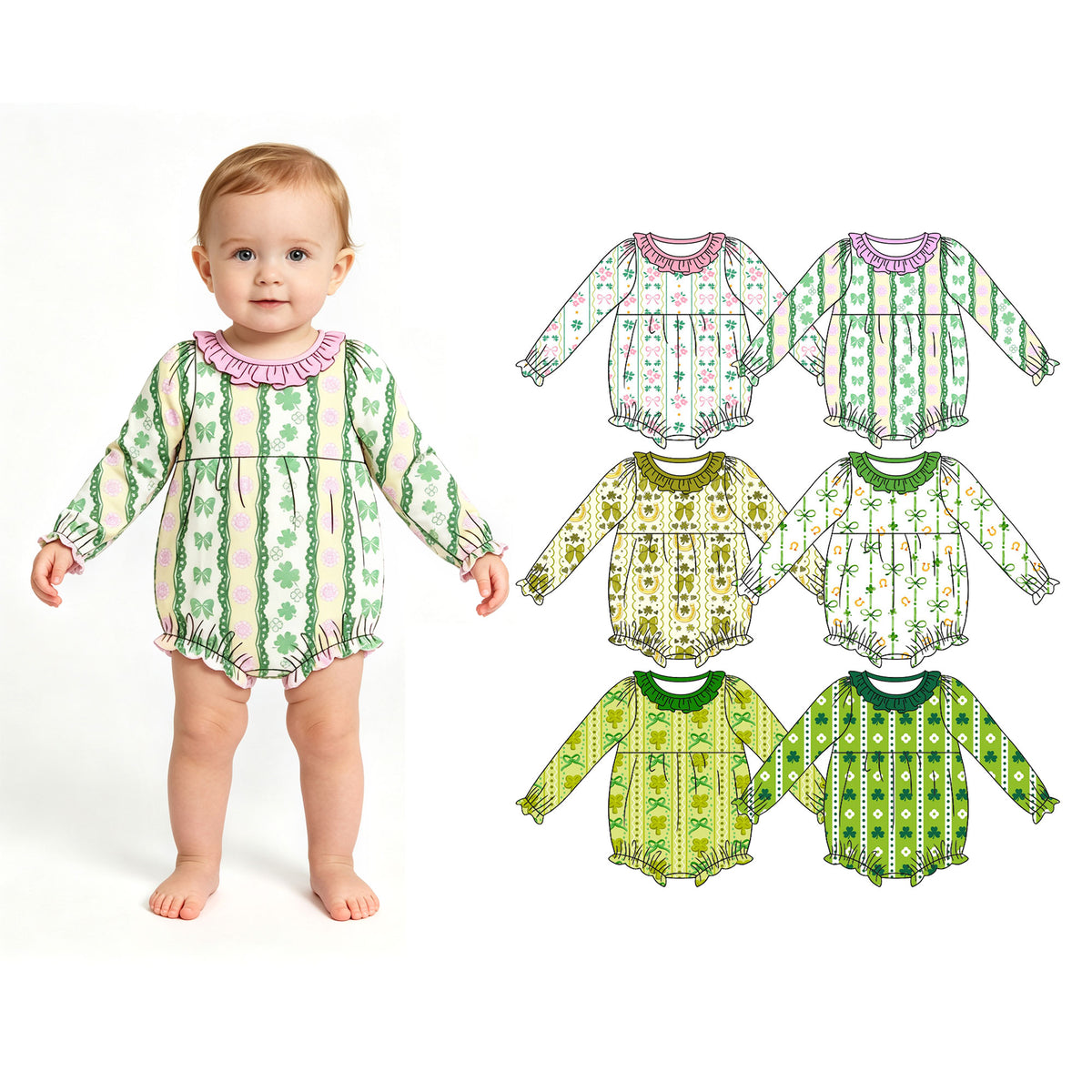 Preorder (moq 5) Baby Girl Clothes St Patricks Day Simple Clover Dot Stripe Print Long Sleeve Ruffle Bubble Romper