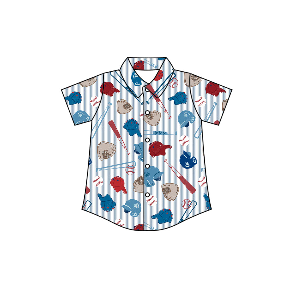 Preorder (moq 5) Baby Boy Clothes Baseball Gear Striped Allover Print Short Sleeve Button Down Shirt