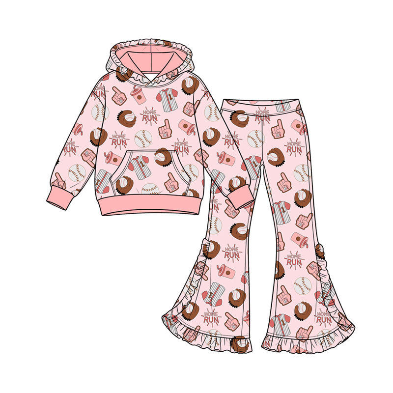 Preorder (moq 5) Baby Girl Clothes Home Run Baseball Mixed Print Long Sleeve Hoodie Flare Pant Set
