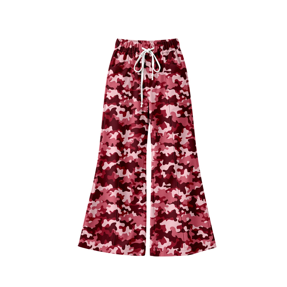 Preorder (moq 5) Baby Girl Clothes Pink Red Camo Allover Print Long Sleeve Flare Wide Leg Pants