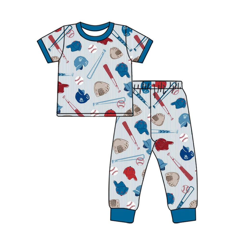 Preorder (moq 5) Baby Boy Clothes Baseball Gear Striped Allover Print Short Sleeve Jogger Pajama Set