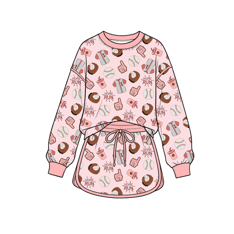 Preorder (moq 5) Baby Girl Clothes Home Run Baseball Mixed Print Long Sleeve Skort Outfit