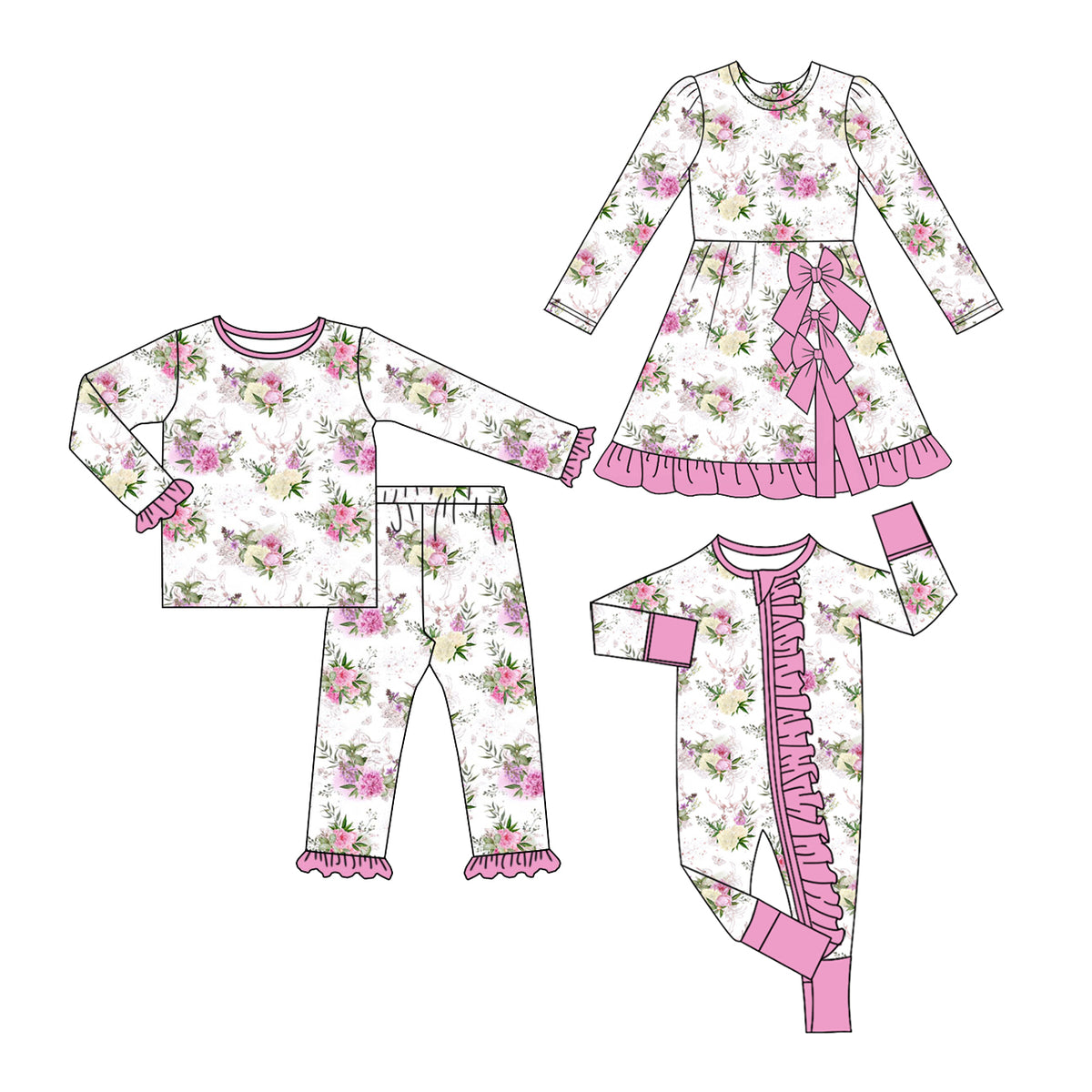 Preorder (moq 5) Baby Girl Clothes Floral Deer Antler Print Long Sleeve Ruffle Cuff Top Pant Set