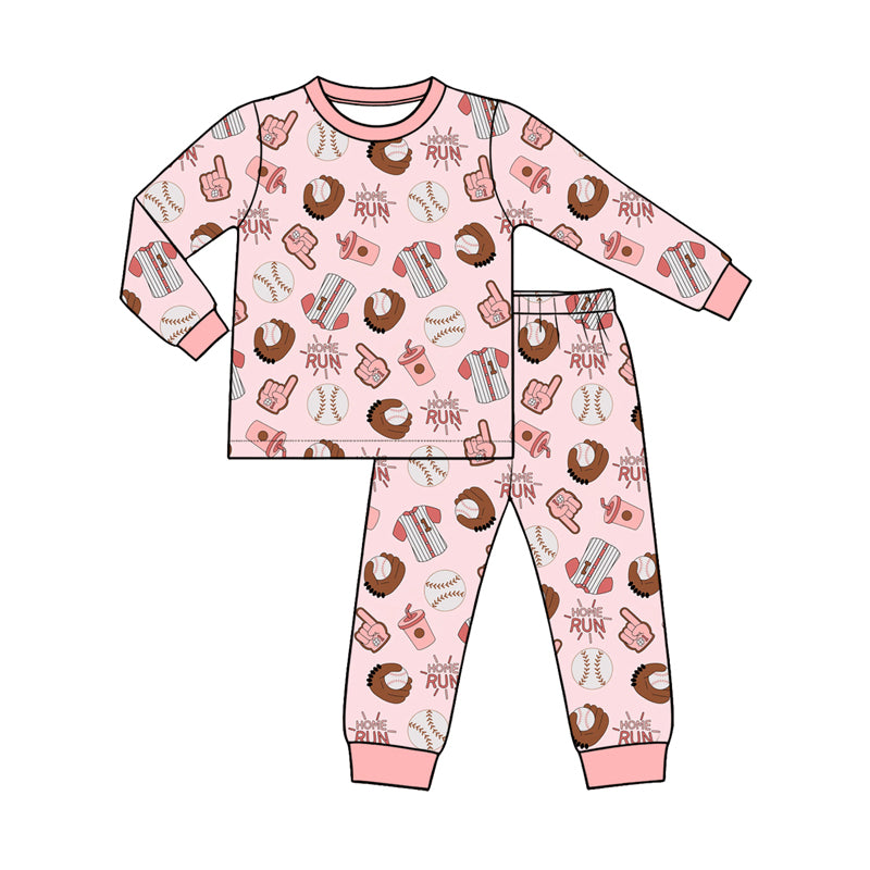 Preorder (moq 5) Baby Girl Clothes Home Run Baseball Mixed Print Long Sleeve Pajama Set