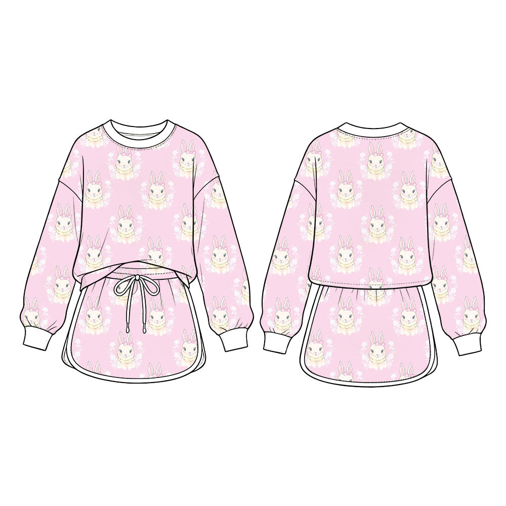 Preorder (moq 5) Baby Girl Clothes Pink Bunny Portrait Floral Mixed Print Long Sleeve Top Skirt Set