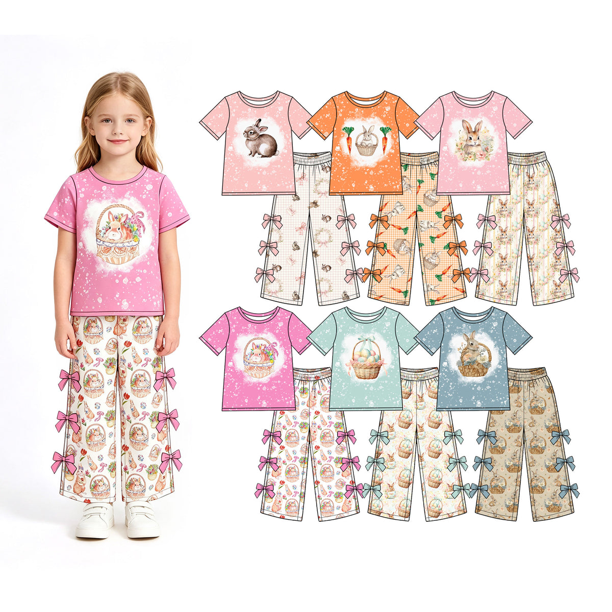 Preorder (moq 5) Baby Girl Clothes Easter Bunny Flower Basket Mixed Print Short Sleeve Bow Wide Leg Pant Set