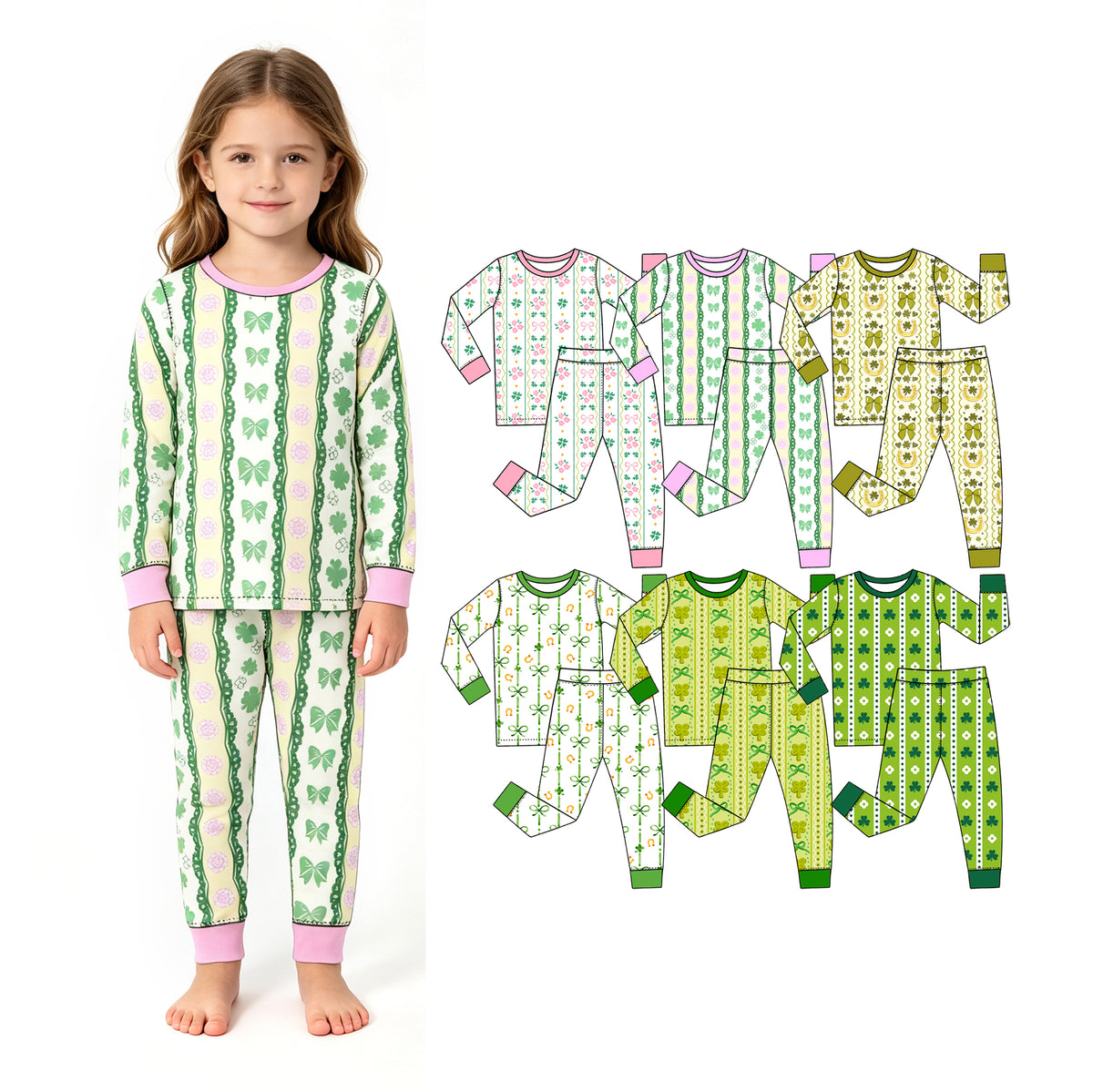 Preorder (moq 5) Baby Girl Clothes St Patricks Day Watercolor Clover Bow Stripe Print Long Sleeve Pajama Set