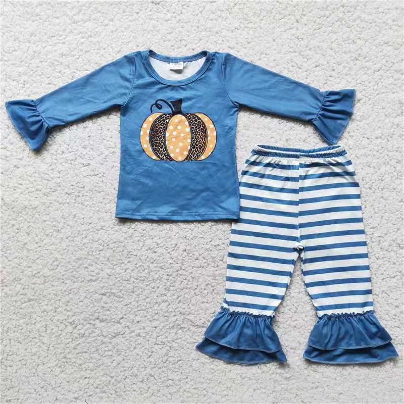 6 C10-39 embroidery long sleeve Blue Striped Pumpkin bell bottom girl outfit halloween 202508 RTS