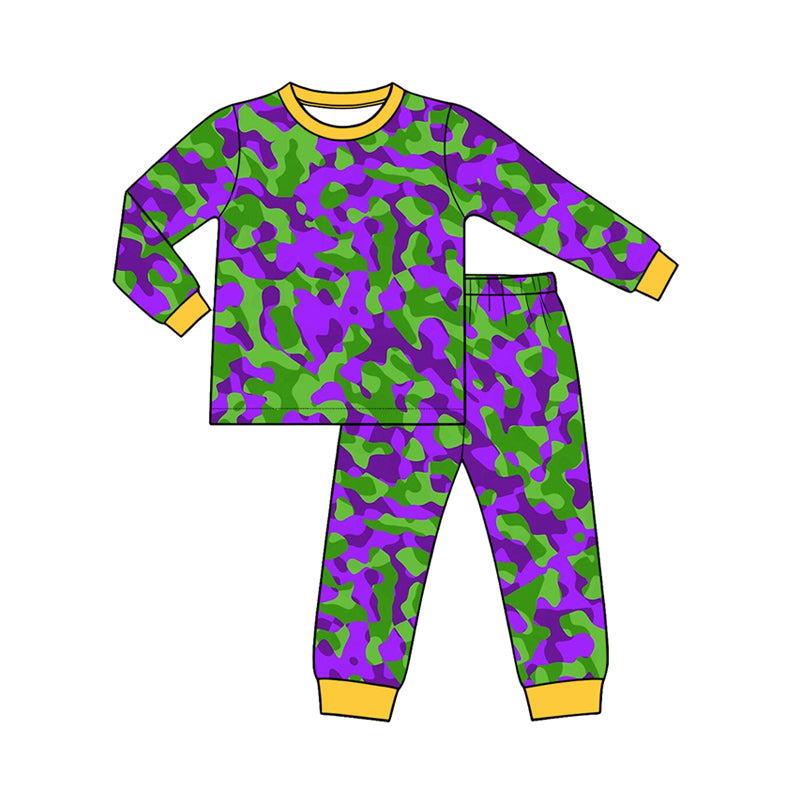 Preorder (moq 5) Baby Girl Clothes Mardi Gras Camo Mixed Print Long Sleeve Pajama Set