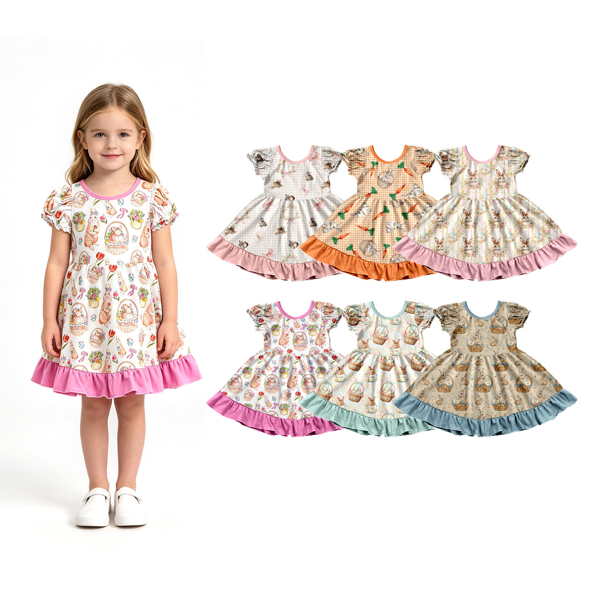 Preorder (moq 5) Baby Girl Clothes Easter Bunny Carrot Basket Gingham Print Short Sleeve Ruffle Twirl Dress