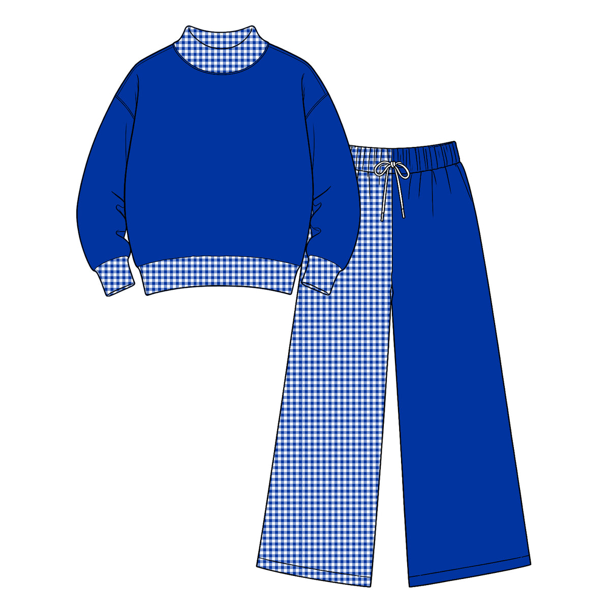 Preorder (moq 5) Baby Girl Clothes Royal Blue Solid Gingham Patchwork Print Long Sleeve Wide Leg Pant Set