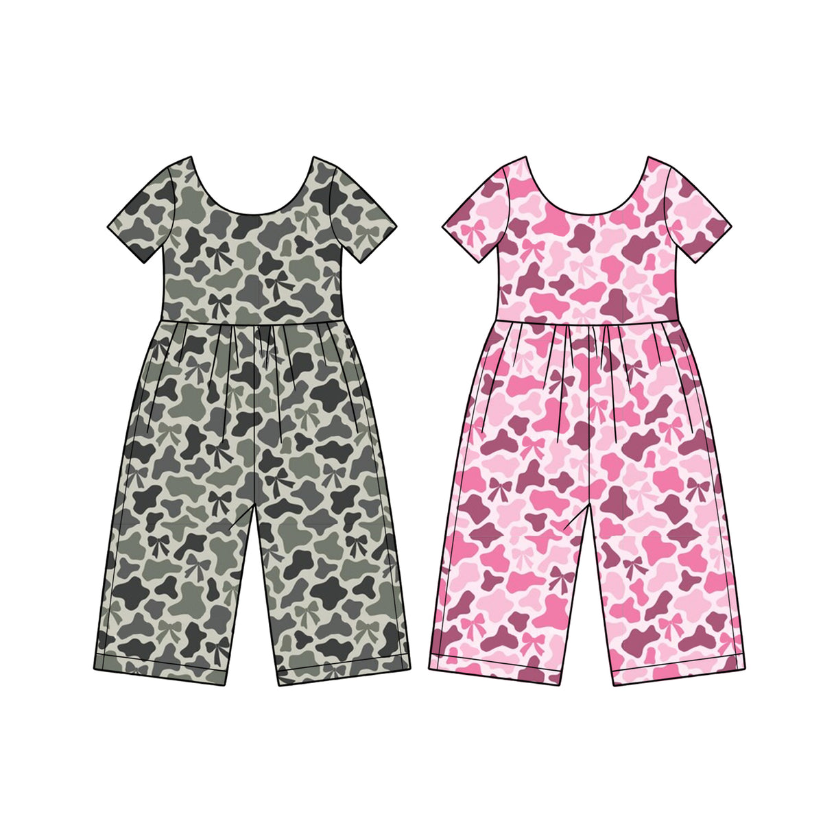Preorder (moq 5) SR4364 Baby Girl Clothes Pink Camo Bow Mixed Print Short Sleeve Jumpsuit
