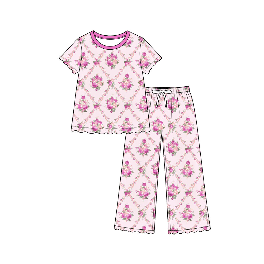 Preorder (moq 5) Baby Girl Clothes Pink Rose Bouquet Mixed Print Short Sleeve Pajama Pant Set