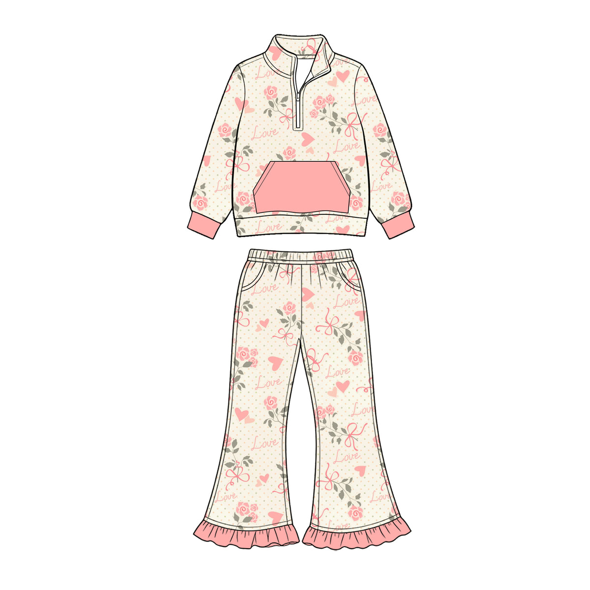 Preorder (moq 5) Baby Girl Clothes Rose Heart Letter Allover Print Long Sleeve Half Zip Flare Pant Set